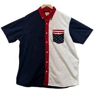 Redhead Mens Button Down Shirt Short Sleeve Sz XL Blue White American Flag Stars